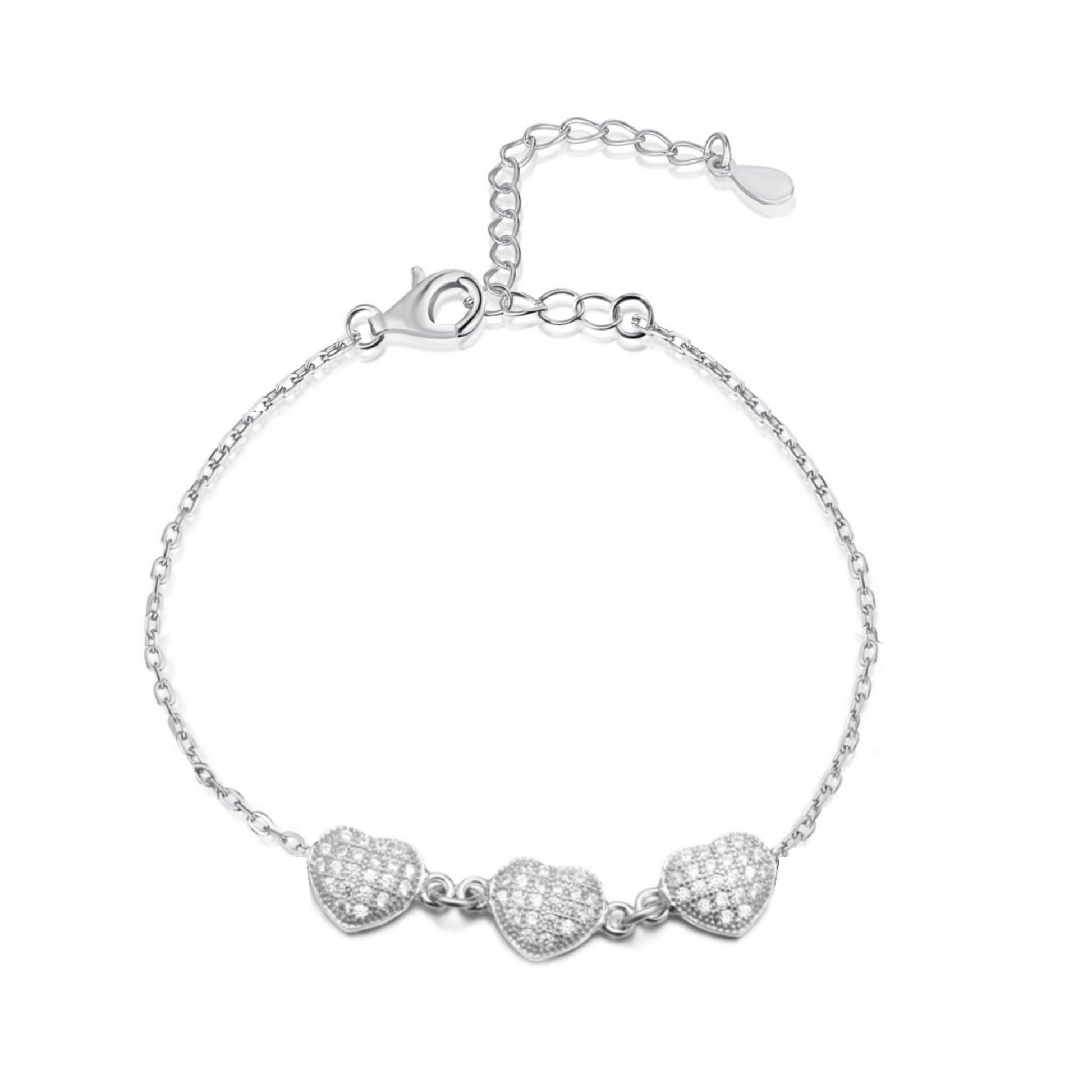 Sterling Silver 3 Puffy Micropave Heart Adjustable Bracelet - HK Jewels