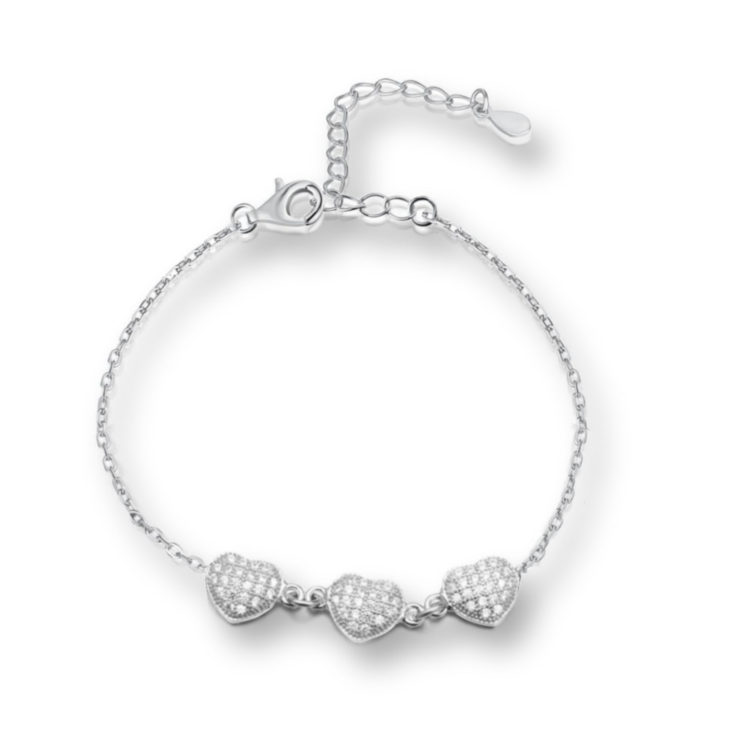 Sterling Silver 3 Puffy Micropave Heart Adjustable Bracelet - HK Jewels