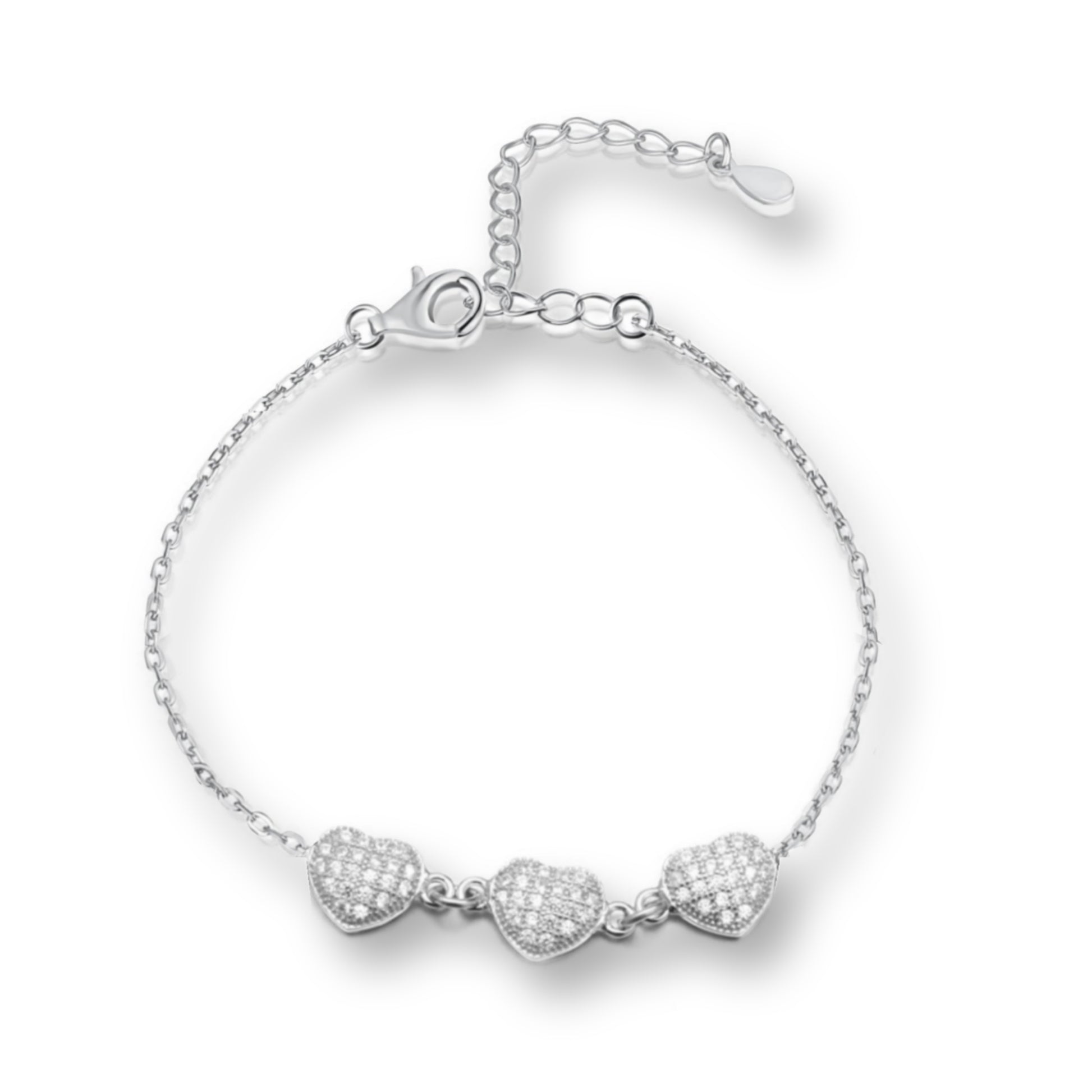 Sterling Silver 3 Puffy Micropave Heart Adjustable Bracelet - HK Jewels