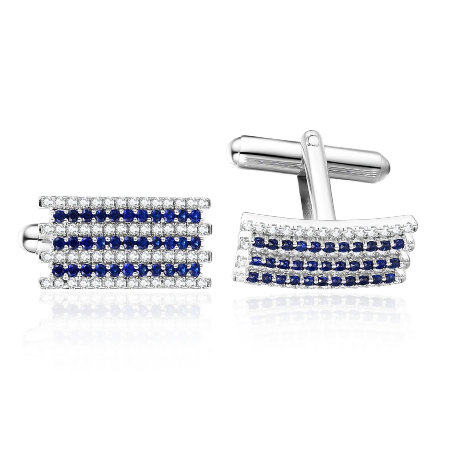 Rectangular Clear and Sapphire CZ Striped Cufflinks - HK Jewels