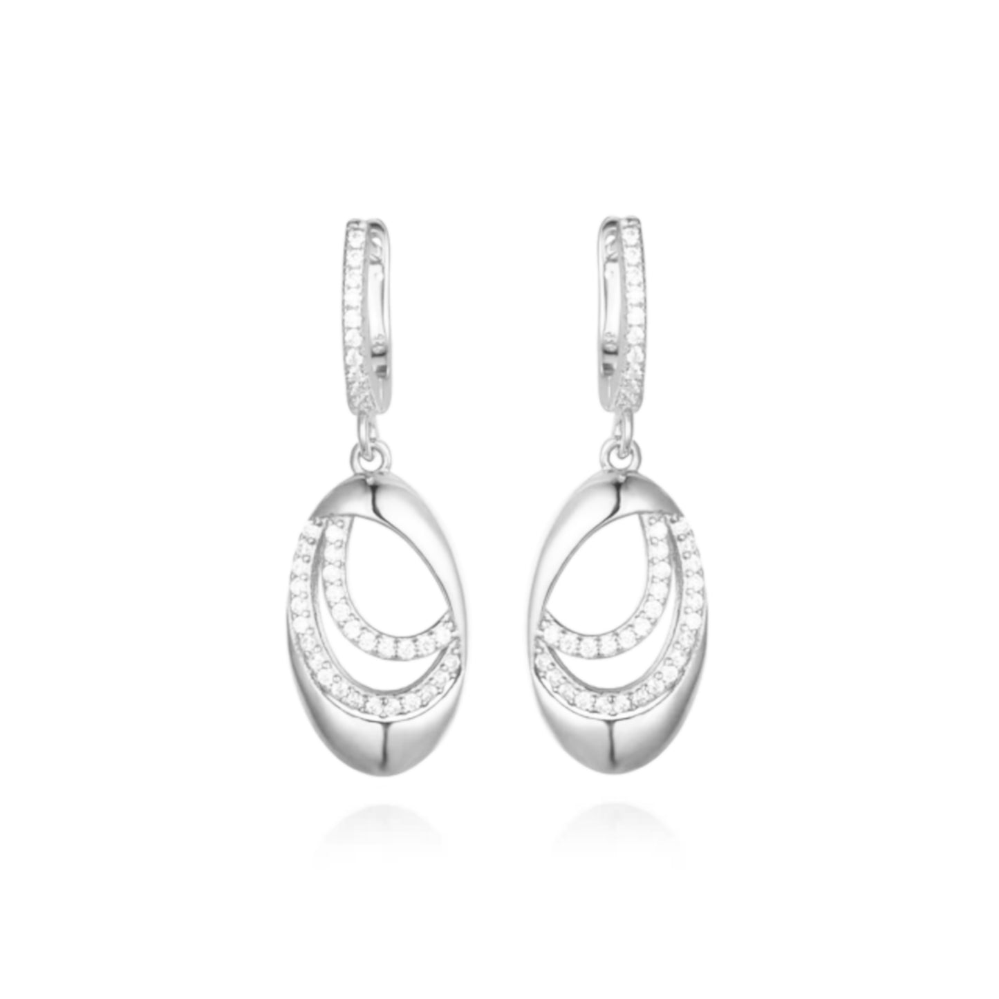 Sterling Silver Oval With Two Curved Lines of CZs Earrings - HK Jewels
