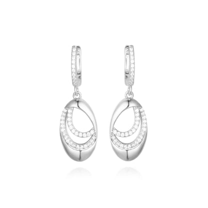 Sterling Silver Oval With Two Curved Lines of CZs Earrings - HK Jewels