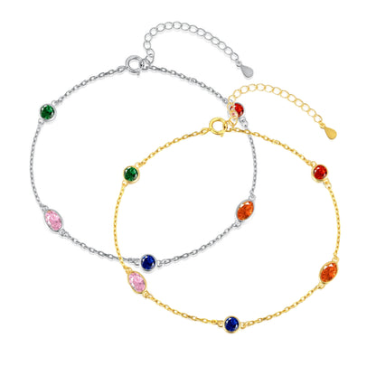 Sterling Silver Colorful Bezel Set Round and Oval Stones Adjustable Bracelet - HK Jewels