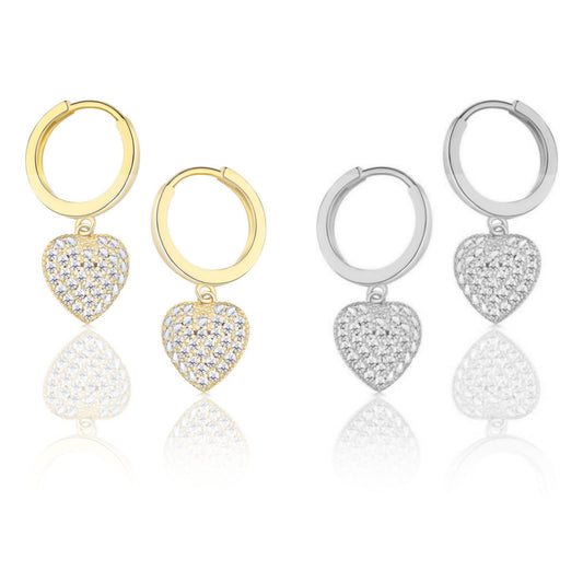 Sterling Silver Hanging Puffy Micropave Heart Earrings - HK Jewels