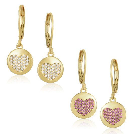 Gold Plated Surgical Steel CZ Heart in Circle Earrings - HK Jewels