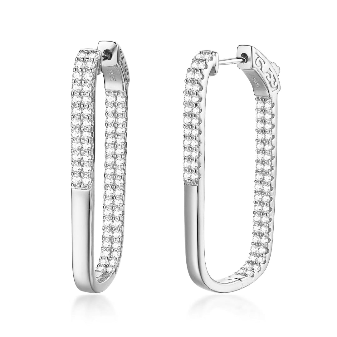 Sterling Silver Double Row CZ Rectangular Hoops - HK Jewels