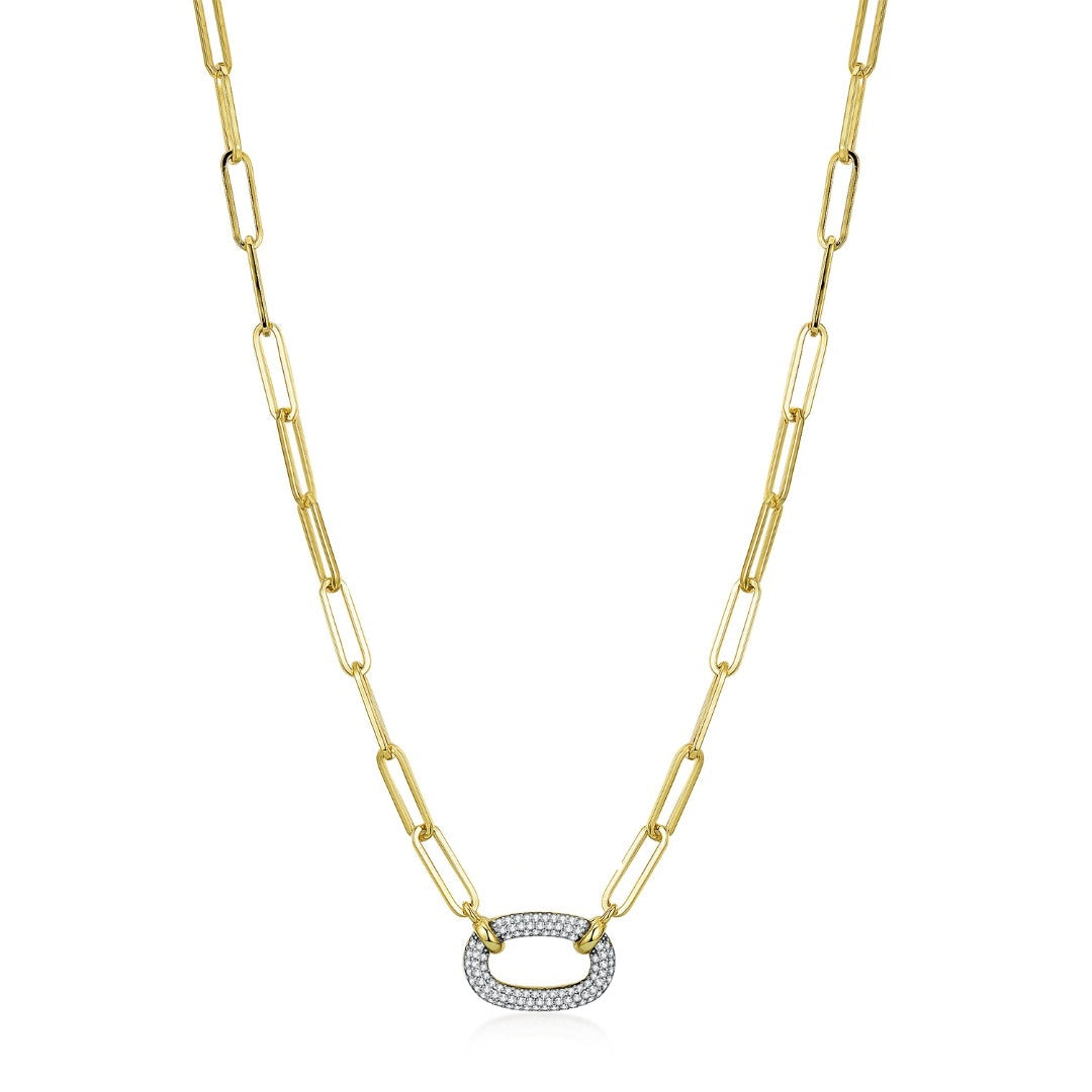 Sterling Silver Paperclip Chain with Micropave Pendant Necklace - HK Jewels