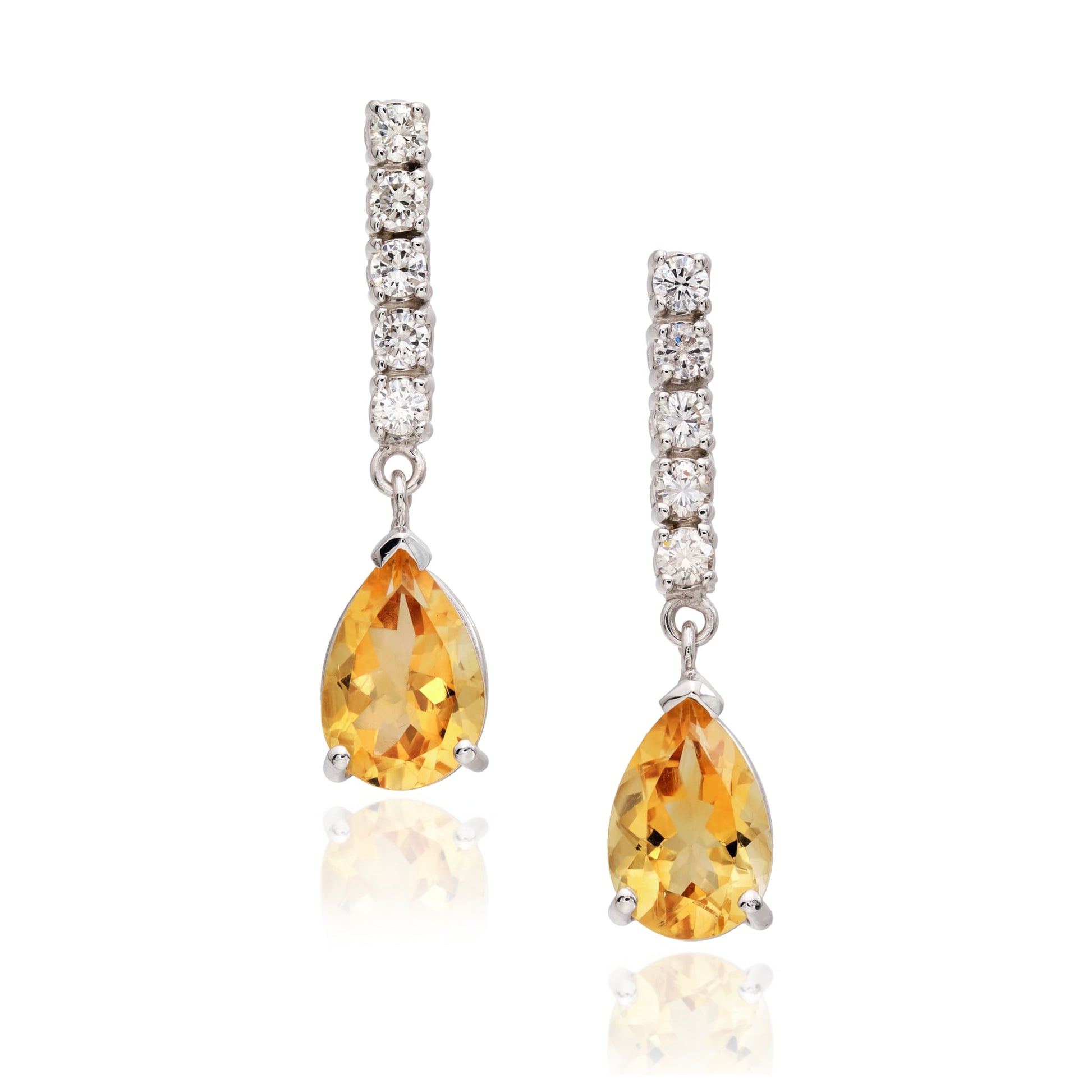 14k 5 Diamond Line Drop Earrings with Teardrop Shaped Citrine - HK Jewels