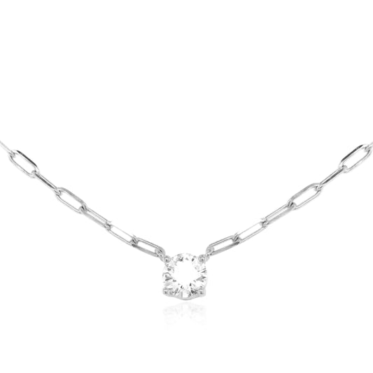 Sterling Silver Paperclip Necklace With Round Solitaire CZ - HK Jewels