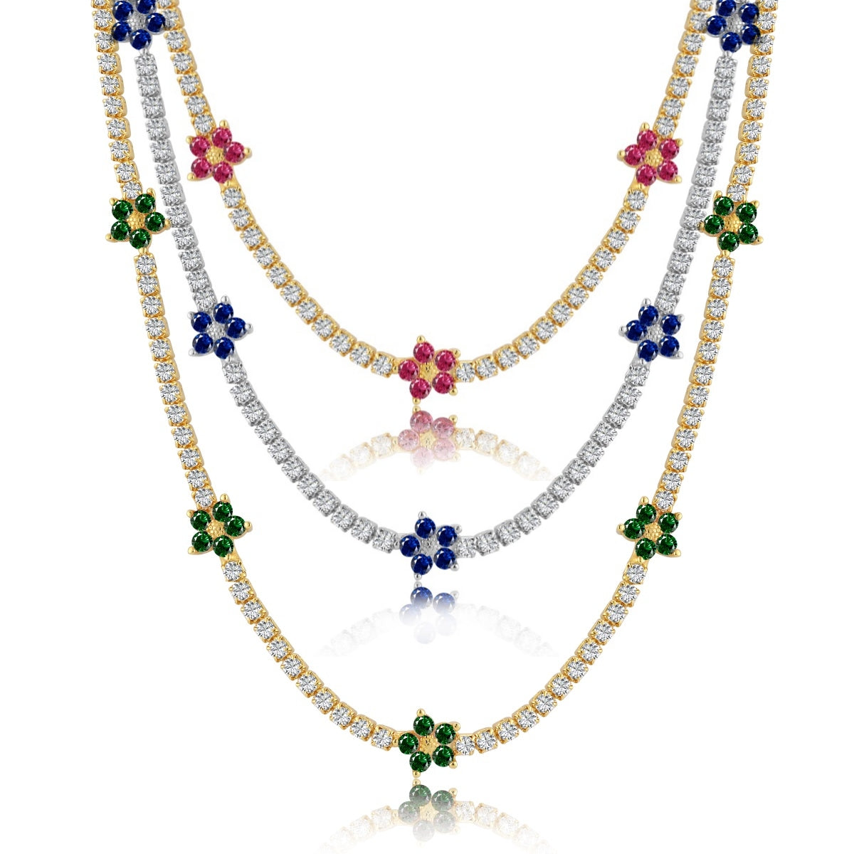 Sterling Silver Colorful Tennis Flower Necklace - HK Jewels