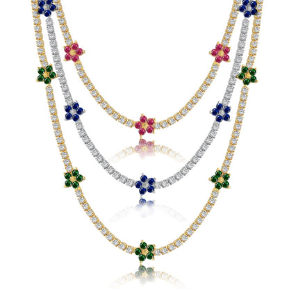 Sterling Silver Colorful Tennis Flower Necklace - HK Jewels