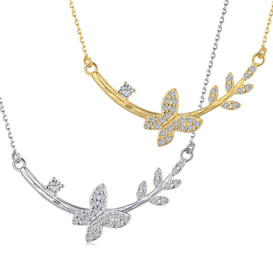 Sterling Silver Butterfly and Floral Design Bar Necklace - HK Jewels
