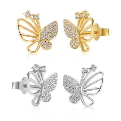 Sterling Silver Half Open Micropave Butterfly Stud Earrings - HK Jewels