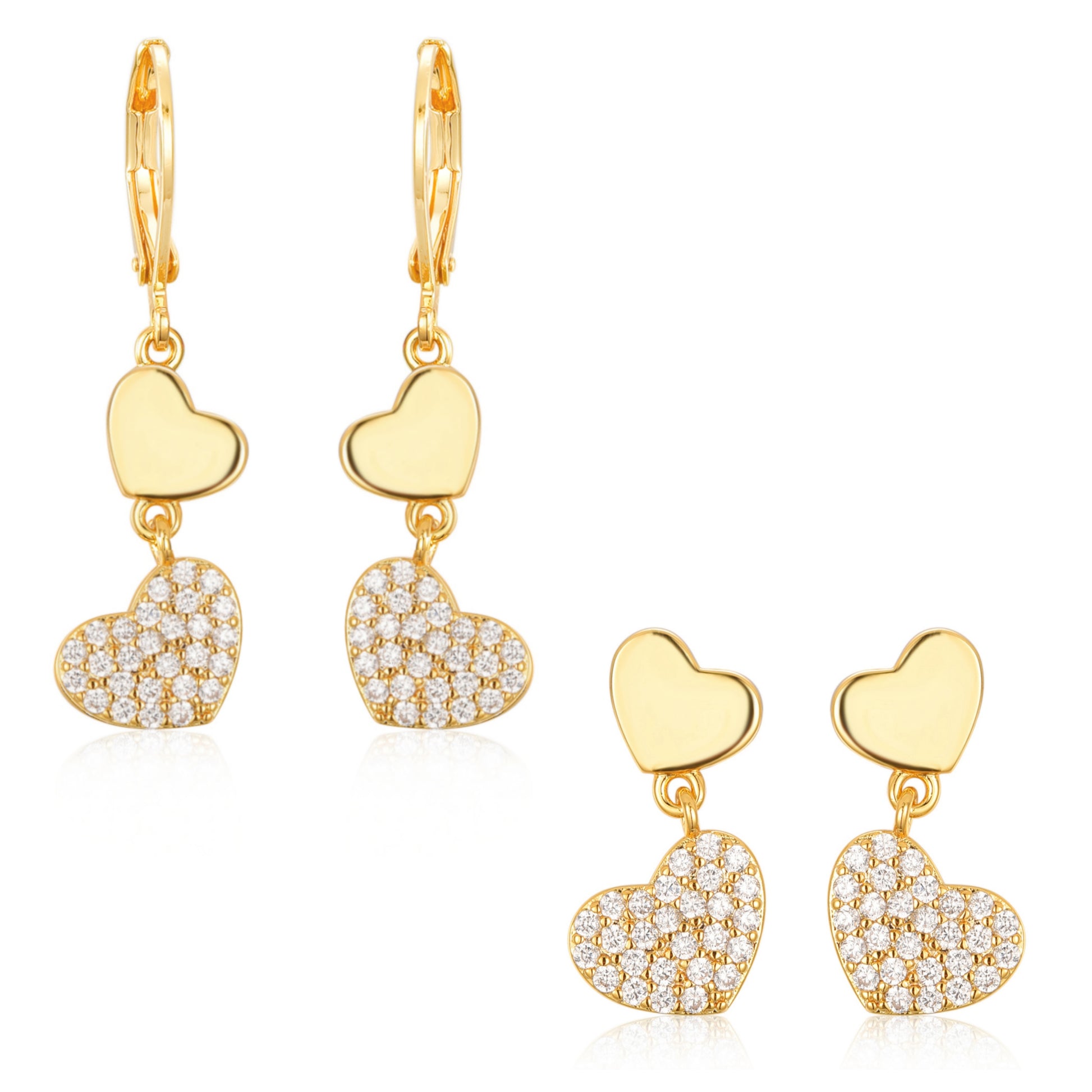 Gold Plated Surgical CZ Double Heart Shape Earrings - HK Jewels
