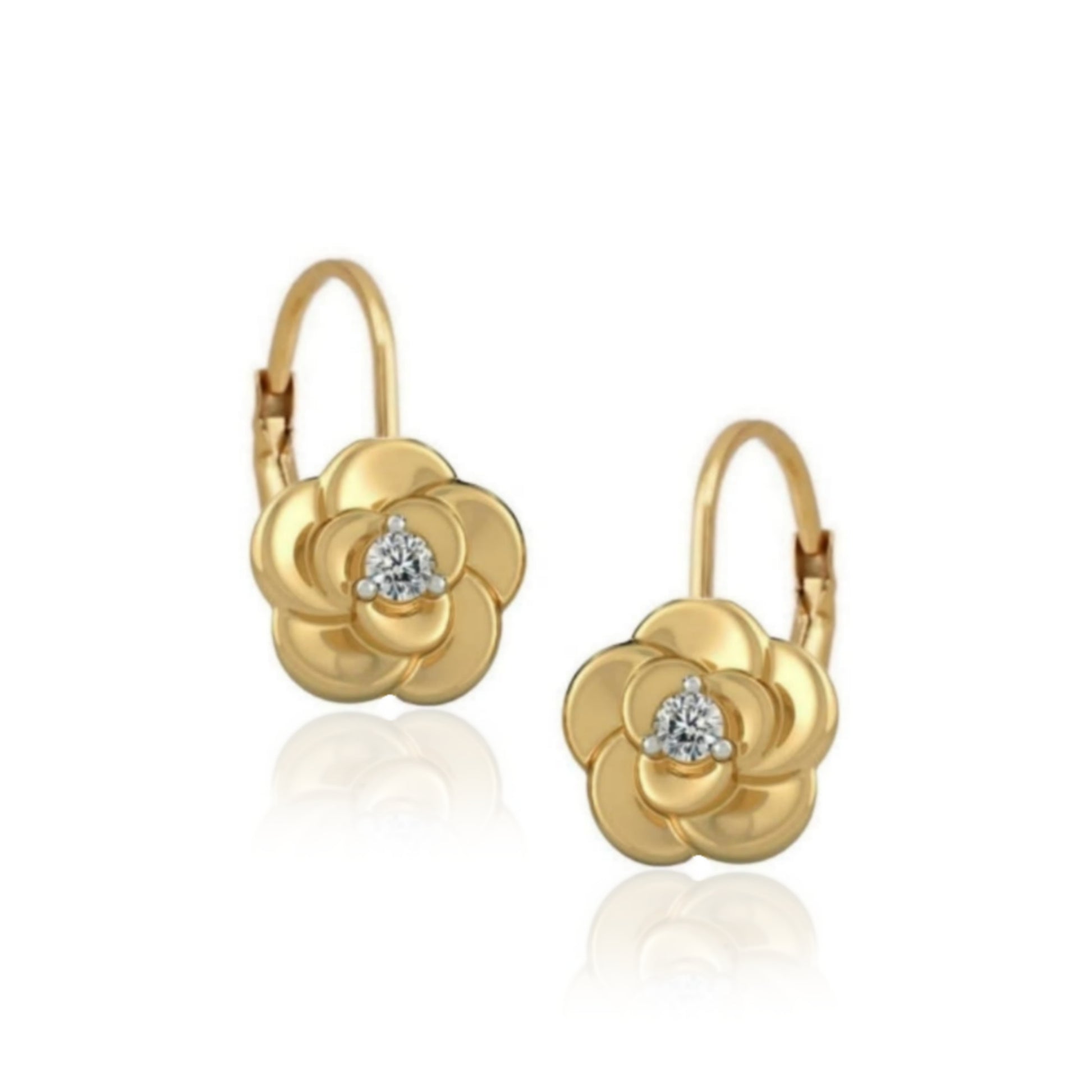 Gold Plated Surgical Steel Flower With Center CZ Leverback Earrings - HK Jewels