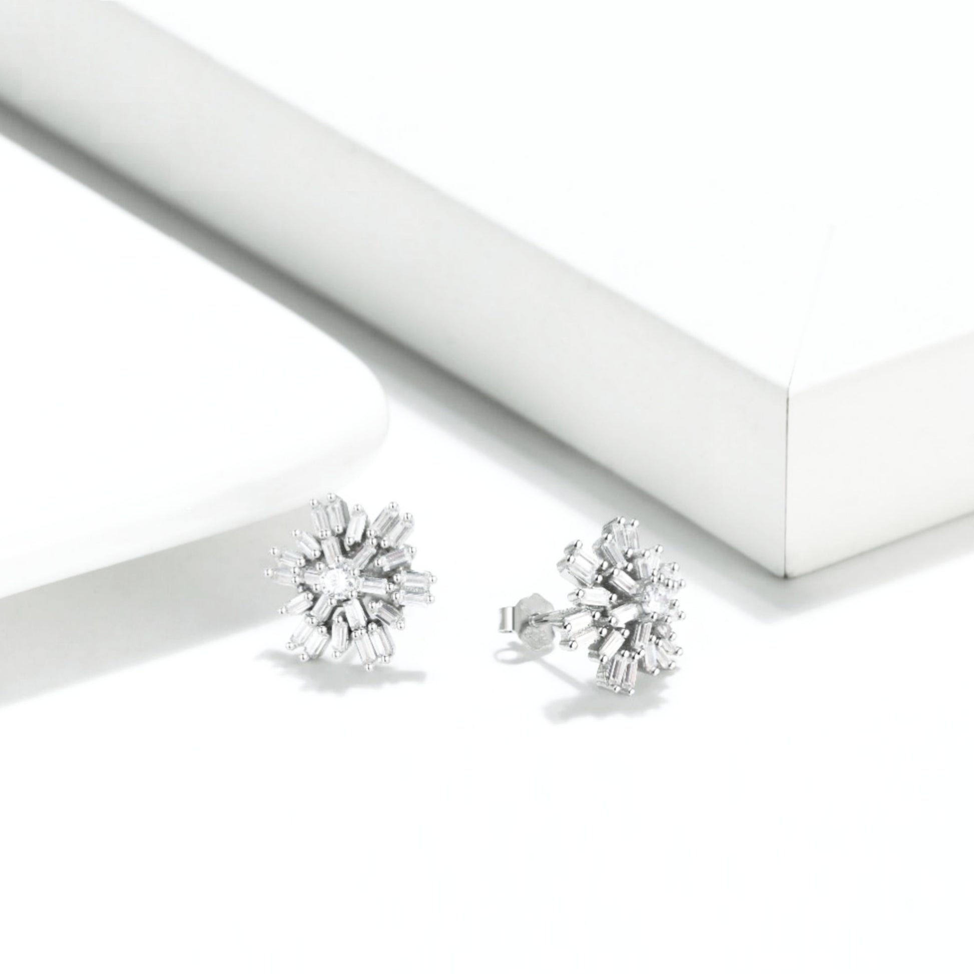 Sterling Silver Baguette Snowflake Stud Earrings - HK Jewels