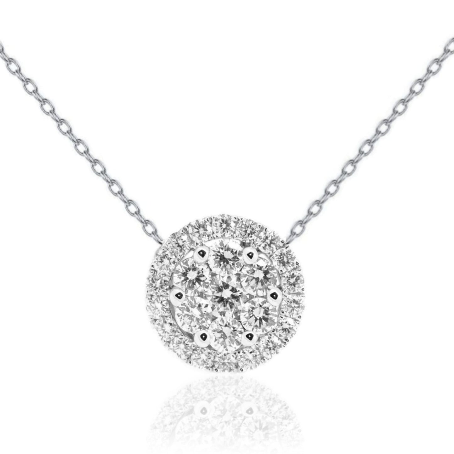 Sterling Silver Micropave Halo Surrounding 7 Stone Cluster Solitaire Necklace - HK Jewels