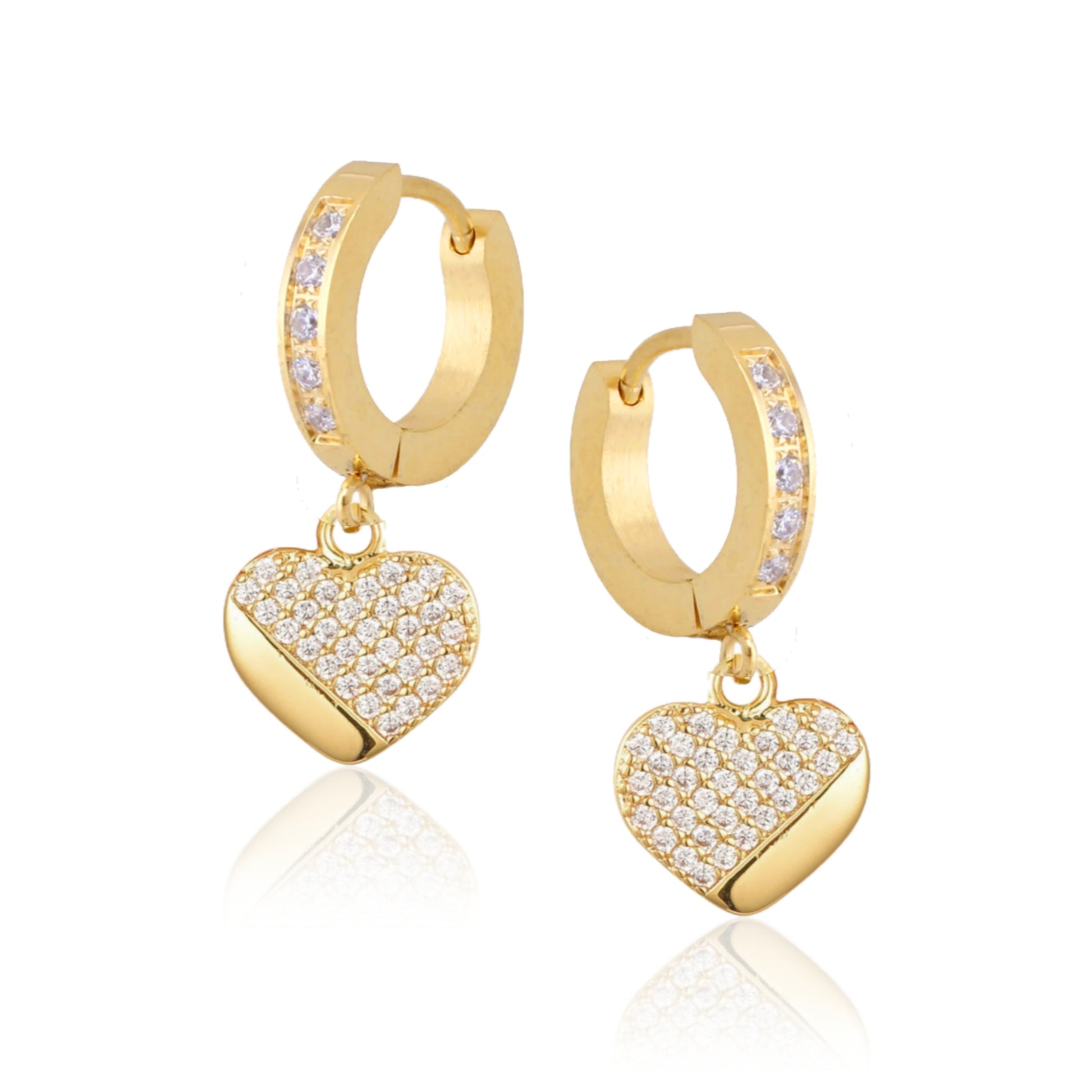 Gold Plated Surgical Steel ¾ CZ Heart Shaped Earrings - HK Jewels