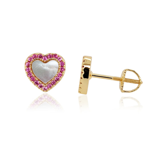 Gold Plated Surgical Steel Mother of Pearl CZ Border Heart Shape Earrings - HK Jewels