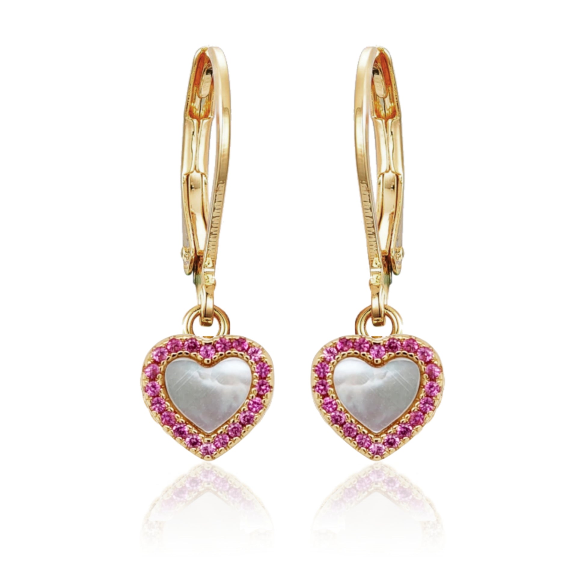 Gold Plated Surgical Steel Mother of Pearl CZ Border Heart Shape Earrings - HK Jewels