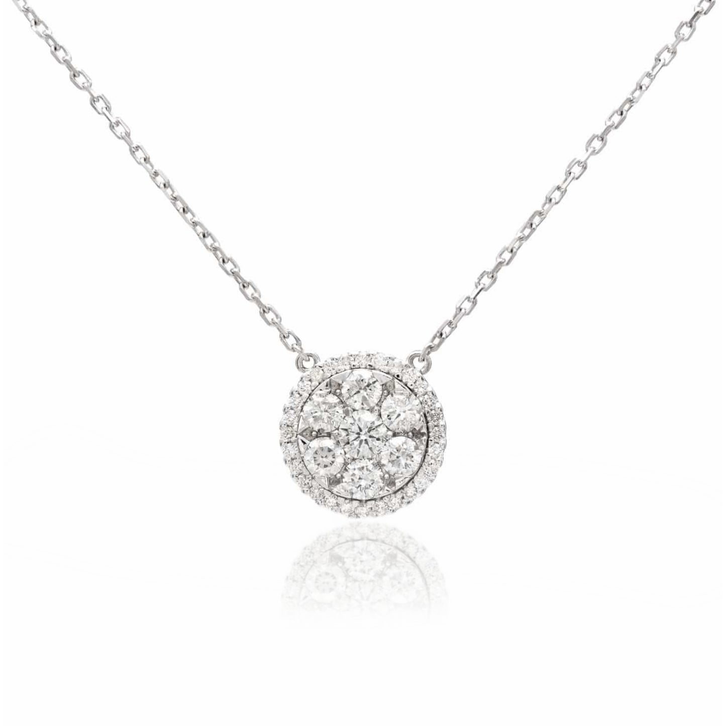 Sterling Silver Micropave Halo Surrounding 7 Stone Cluster Solitaire Necklace - HK Jewels