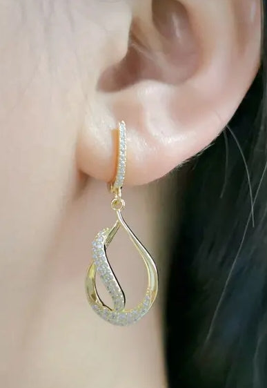 Sterling Silver Teardrop With CZ Diagonal Line Earring - HK Jewels