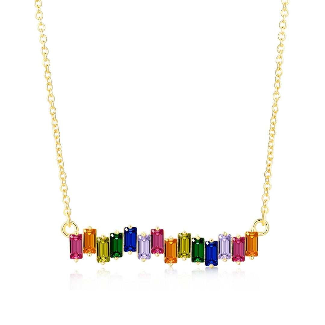 Gold Plated Sterling Silver Colorful CZ Baguette Bar Necklace - HK Jewels