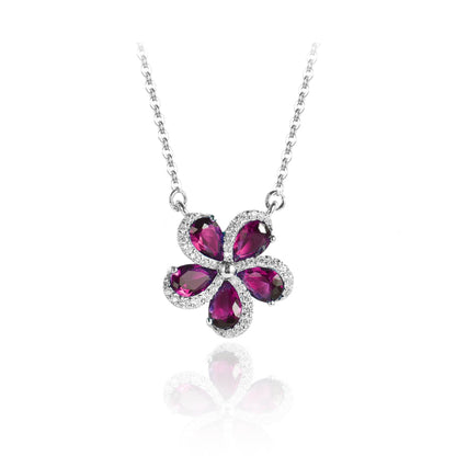 Rhodium Plated Sterling Silver 5 Color Stone Petal Micropave Swirl Flower Necklace - HK Jewels