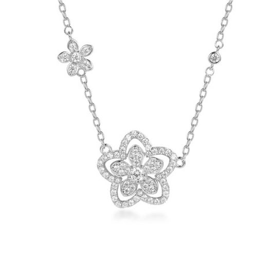 Sterling Silver CZ Double Flower Necklace - HK Jewels