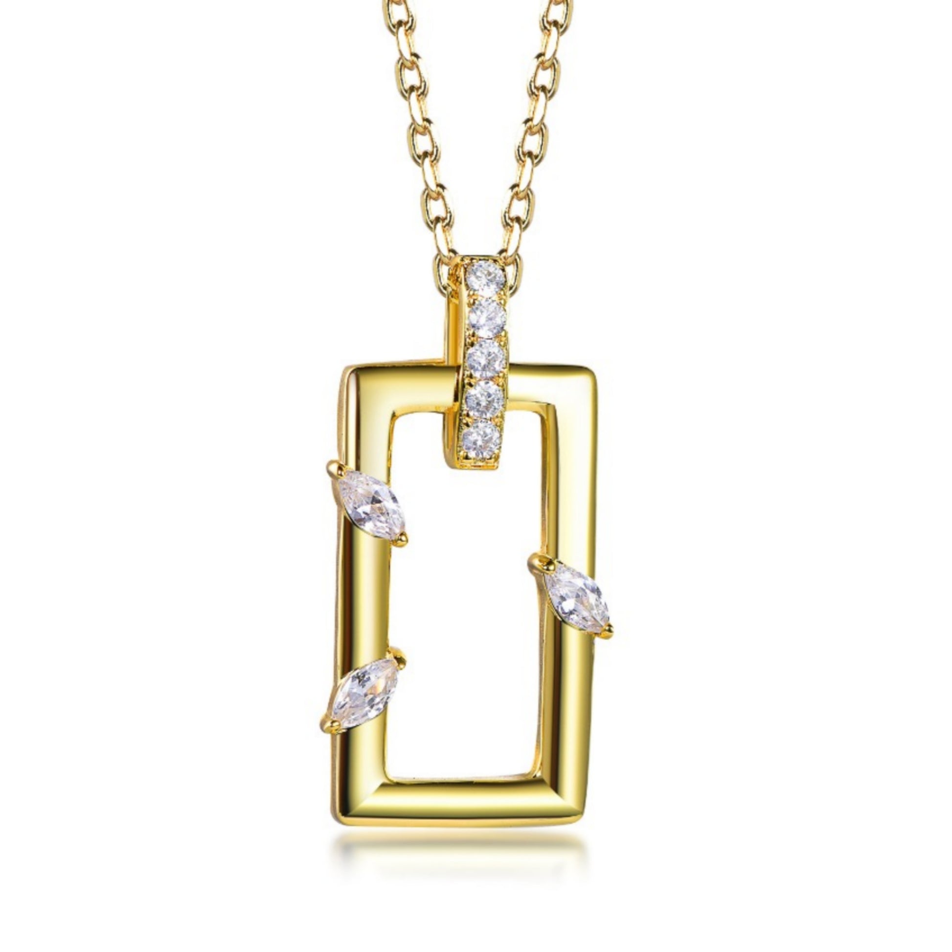 Gold Plated Sterling Silver Rectangular with Marquis and Round Jewel Accents Pendant Necklace - HK Jewels