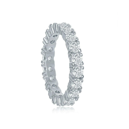 Rhodium Plated Sterling Silver Four Prong 3mm CZ Eternity Band Ring