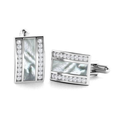 Rhodium Plated Sterling Silver Mother of Pearl / Black Onyx and CZ Rectangular Cufflinks