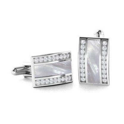 Rhodium Plated Sterling Silver Mother of Pearl / Black Onyx and CZ Rectangular Cufflinks