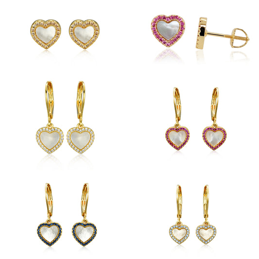 Gold Plated Surgical Steel Mother of Pearl CZ Border Heart Shape Earrings
