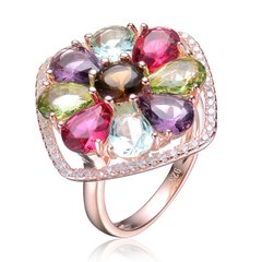 Rose Gold Plated Sterling Silver Multicolor Flower Square Ring - HK Jewels