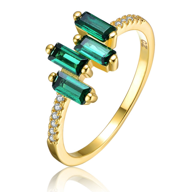 Sterling Silver Gold Plated Four Emerald Color CZ Baguette Ring - HK Jewels