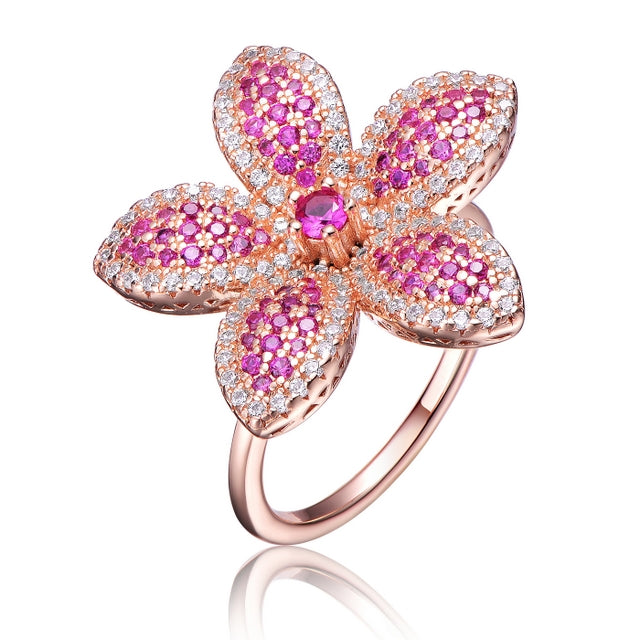 Sterling Silver Rose Gold Plated Flower With Ruby Colored CZ Ring - HK Jewels
