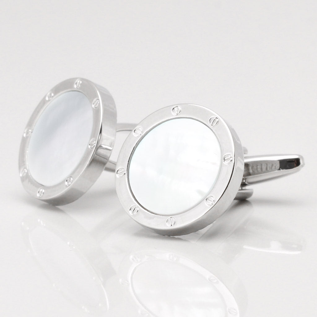 Rhodium Plated Circle Mother of Pearl Port Hole Cufflinks - HK Jewels