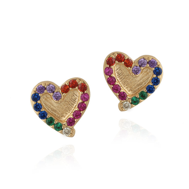 Outlined Brushed Gold Rainbow CZ Heart Stud Earrings - HK Jewels