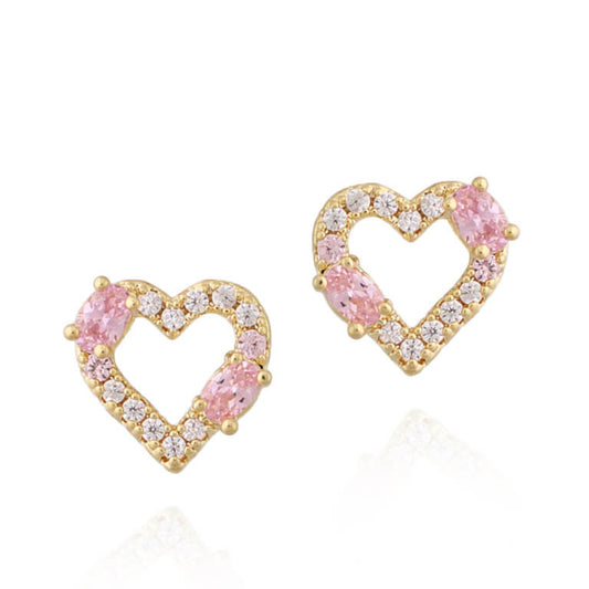 Double Stone Outlined Pink Heart Stud Earrings - HK Jewels