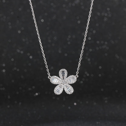 Sterling Silver CZ Baguette Flower Necklace - HK Jewels