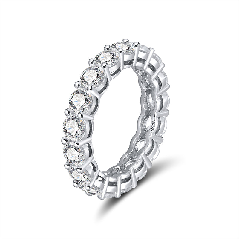 Rhodium Plated Sterling Silver Ring 4mm CZ Eternity Band Ring in Airline Setting