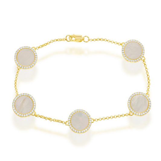 Gold Plated Sterling Silver Round MOP with CZ Border Bracelet - HK Jewels