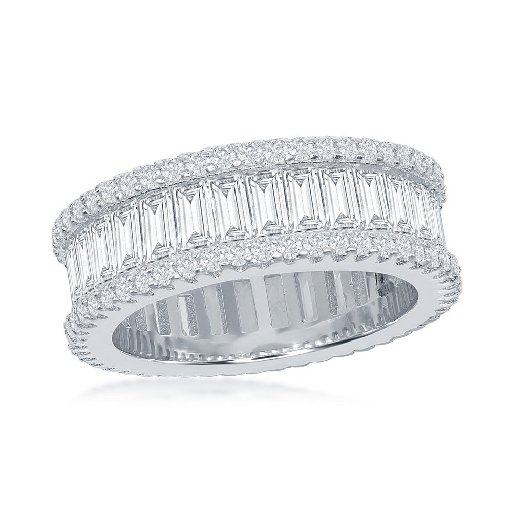 Sterling Silver Baguette CZ and Pave Border Band Ring - HK Jewels