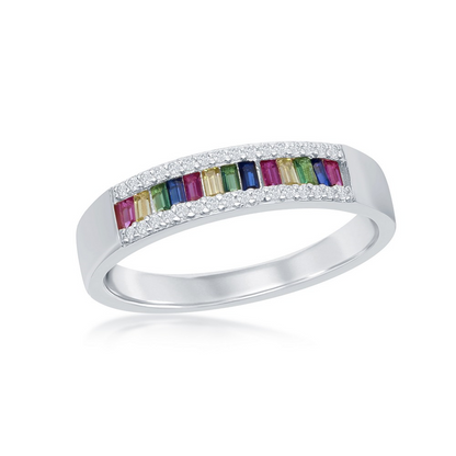 Sterling Silver Baguette Rainbow CZ with White CZ Border Channel-Set Band Ring - HK Jewels