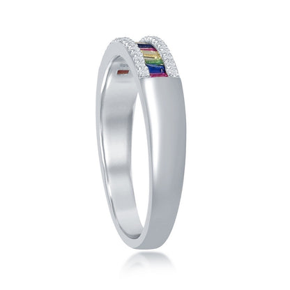 Sterling Silver Baguette Rainbow CZ with White CZ Border Channel-Set Band Ring - HK Jewels