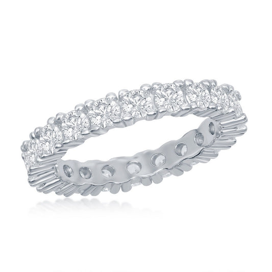 Rhodium Plated Sterling Silver Four Prong 3mm CZ Eternity Band Ring