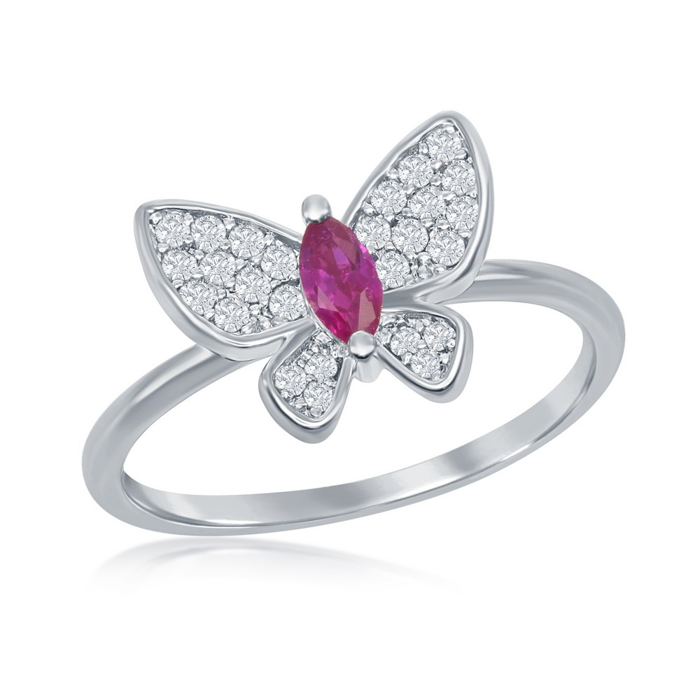 Sterling Silver White & Ruby CZ Butterfly Ring - HK Jewels