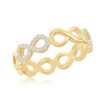 Gold Plated Sterling Silver Alternating CZ & Polished Infinity Ring - HK Jewels