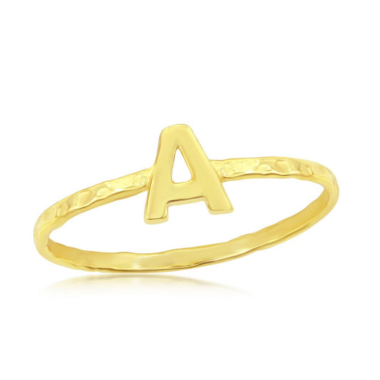 Sterling Silver 'A' Initial Hammered Band Ring - Gold Plated - HK Jewels